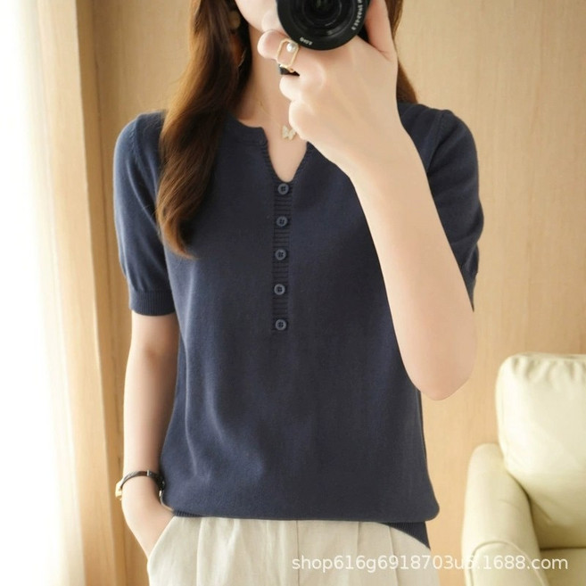 자칠 여성 빅사이즈 V넥 오버핏 여름 린넨 니트 반팔 티셔츠