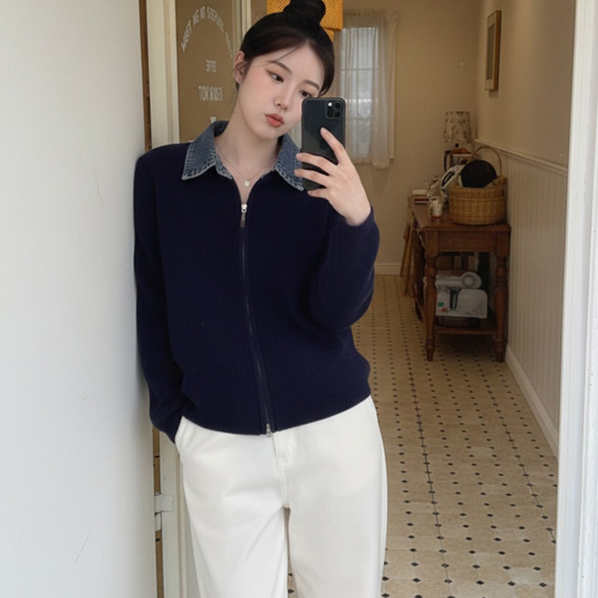 여성용 데님 배색 카라 투웨이 집업 니트 골지 레이어드 긴팔 가디건