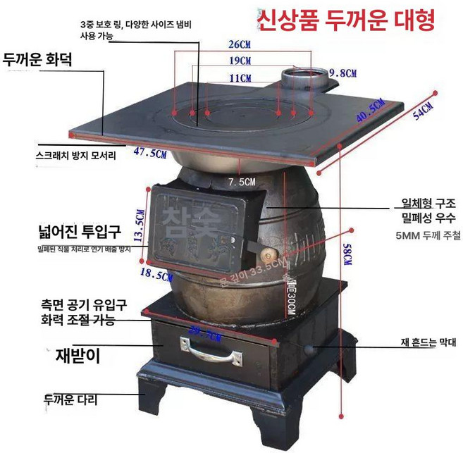 무쇠난로 나무 거꾸로 연탄, 16.85kg 스토브+사은품+2m, 기본 색상