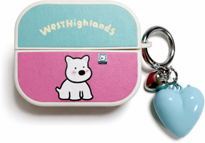 파스텔 레더 갤럭시 버즈3 프로 호환 가죽 하드 케이스 애니멀 시리즈 + 하트 키링, 1개, 민트핑크 웨스티, 갤럭시버즈3(프로,FE)공용