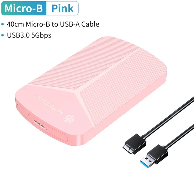 Yottamaster 2.5인치 HDD 인클로저 SATA to USB 3.0 어댑터 하드 디스크 케이스 Windows Mac Linux용 6Gbps, 01 China Mainland, 08 Micro-B 0.4m Pink