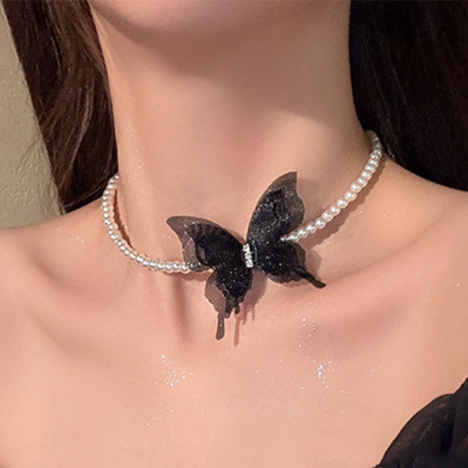 티큐 파티 모임 공연 축제 진주 큐빅 나비 초커 목걸이 A1979