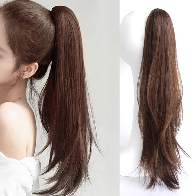 백송 데일리 무드 생머리 포니 가발 모자 포니테일 부분가발 묶음머리 간편착용 롱헤어가발 내추럴룩, 1개, 라이트브라운