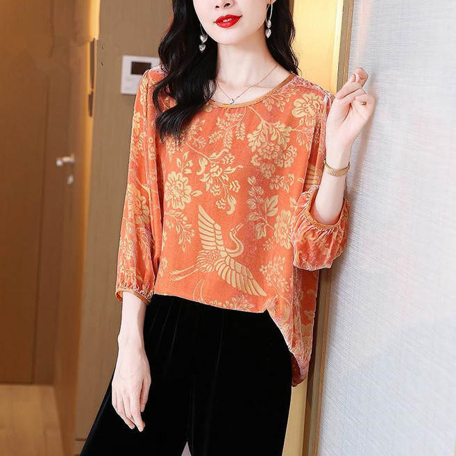 COSYEVNO 여성 골드 벨벳 티셔츠 가을 라운드 기질 프린트 패션 코디 오버핏 날씬해 보이는 긴팔 상의 LFHnstx-2