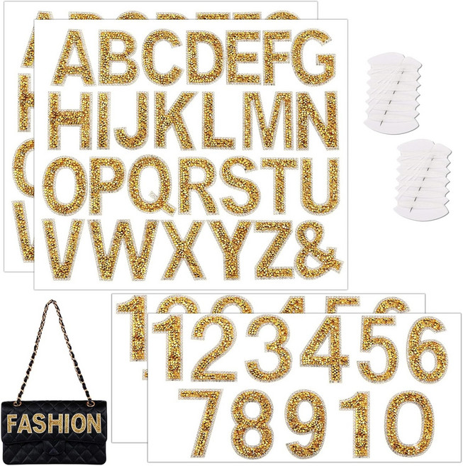 76 PCS 라인스톤 레터 스티커 재봉 키트가 포함된 2.4인치 골드 글리터 알파벳 셀프 AZ 및 DIY 예술 공예 장식용 09 글자 번호 옷 가방 모자
