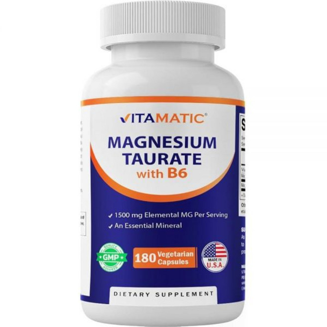 Vitamatic 마그네슘 타우레이트 1회 제공량당 1500mg - 채식주의자 캡슐 180개(원소 마그네슘 300mg 제공) - 최대 흡수를 위한 B6 추가 - 근육 관절 및, 1개, 180정