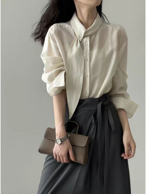 JoYouth 실크 터치 타이 블라우스 스카프 칼라 리본 셔링 블라우스 출근룩