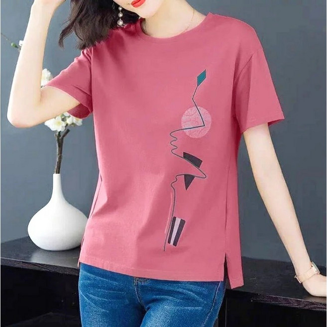 【shiny藍格子】都市簡約印花圓領側開叉短袖上衣 (M~4XL)