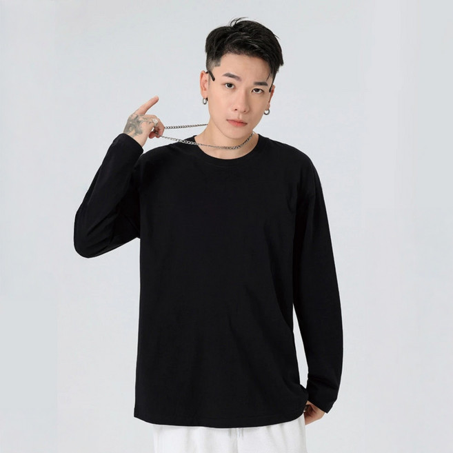 男女素T 長袖T恤 男 大尺碼衣服 圓領 素T SHIRT 男生上衣 內搭衣 男衛生衣 L, 黑色