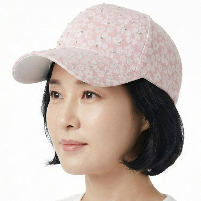 베이직엠 중년 여성 사계절 야구모자 볼캡 플라워패턴 레인보우큐빅