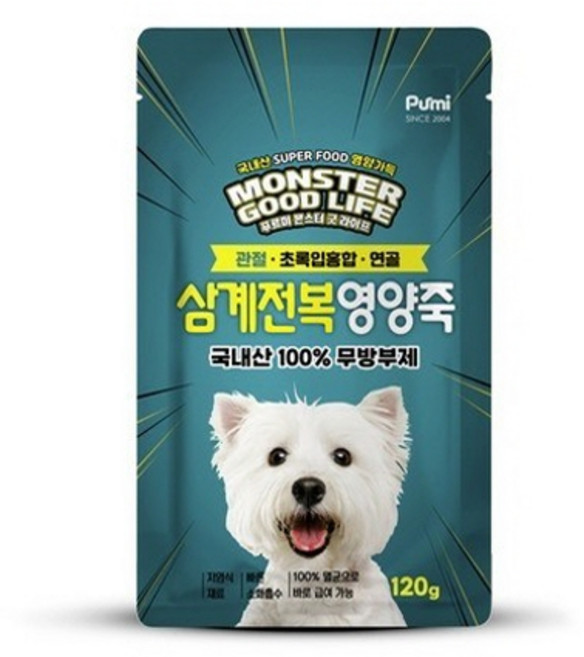 푸르미 몬스터 굿 라이프 강아지 영양죽 파우치, 삼계전복, 120g, 72개