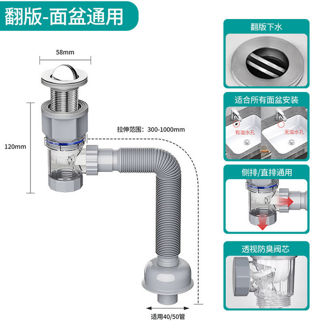 面盆排水管 迴彎防臭 適用40/50管徑 拉伸範圍300-1000mm, 1個, 灰色翻板面盆下水 201材質