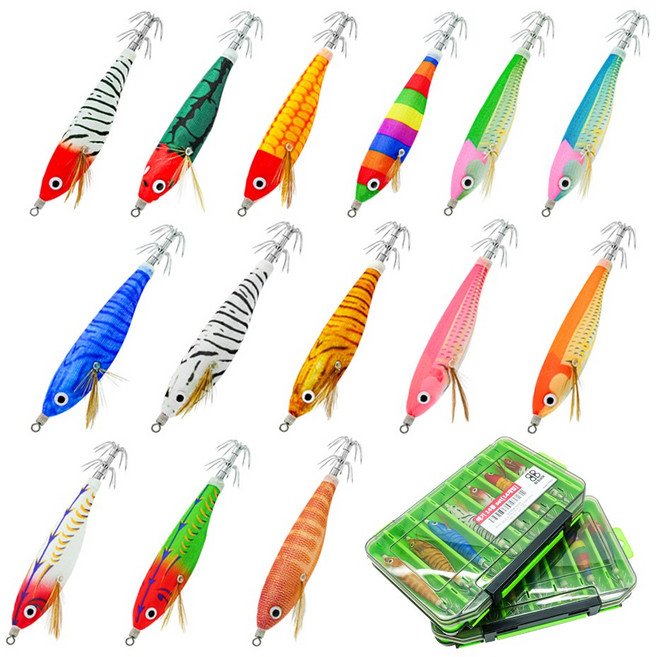 쭈꾸미 갑오징어 문어 수평 야광 에기14종 고급 전용보관박스 MJ, 1세트, 에기 14종, 530g