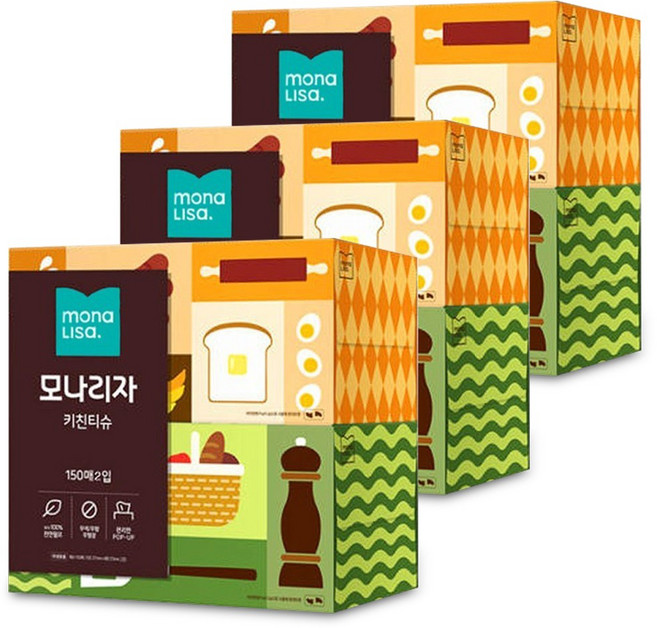 모나리자 모나리자 뽑아쓰는 티슈형 키친타올 150매 2입 X 3팩, 6개