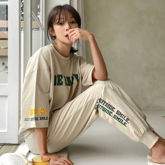 핑크시슬리 여성용 BE해피 반팔 조거 트레이닝 세트