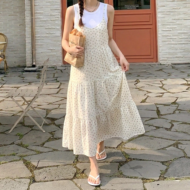 데일리앤 퓨어리 플라워 패턴 캉캉 린넨 뷔스티에 롱 원피스 레이어드 끈나시 봄 여름 휴양지