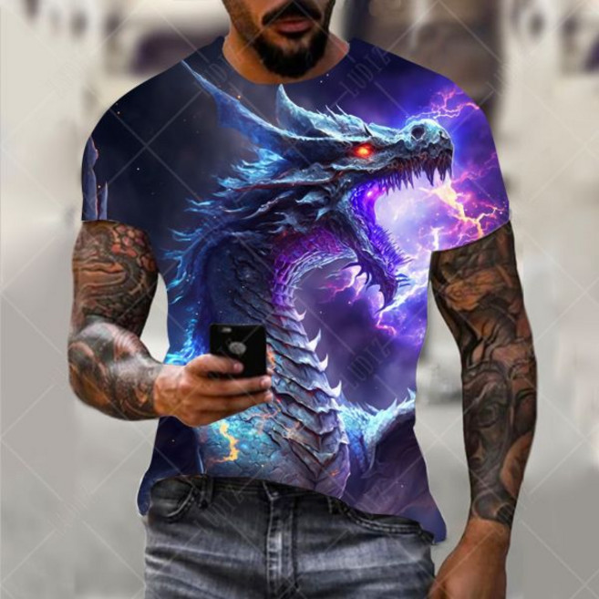 남성용 드래곤 티셔츠 3D 프린트 동물 패턴 반팔 오버사이즈 스트리트웨어 여름 캐주얼 남성 상의 패션