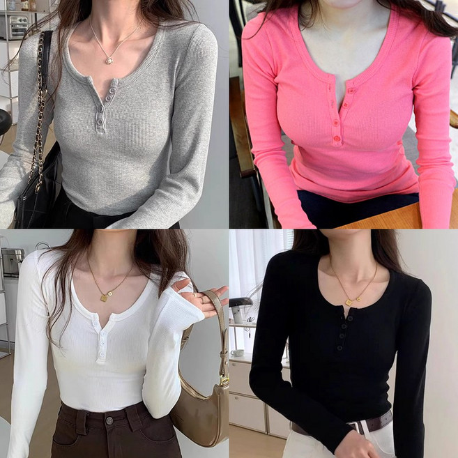 1+1 스타일아유 여성 티셔츠 반오픈 버튼 슬림핏 긴팔 데일리 여자 기본 티 TS2913