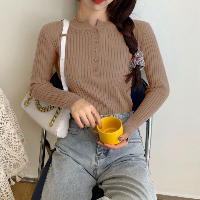 제이리스트 데일리 무지 슬림핏 버튼 니트 골지 긴팔 티셔츠 PW-C132