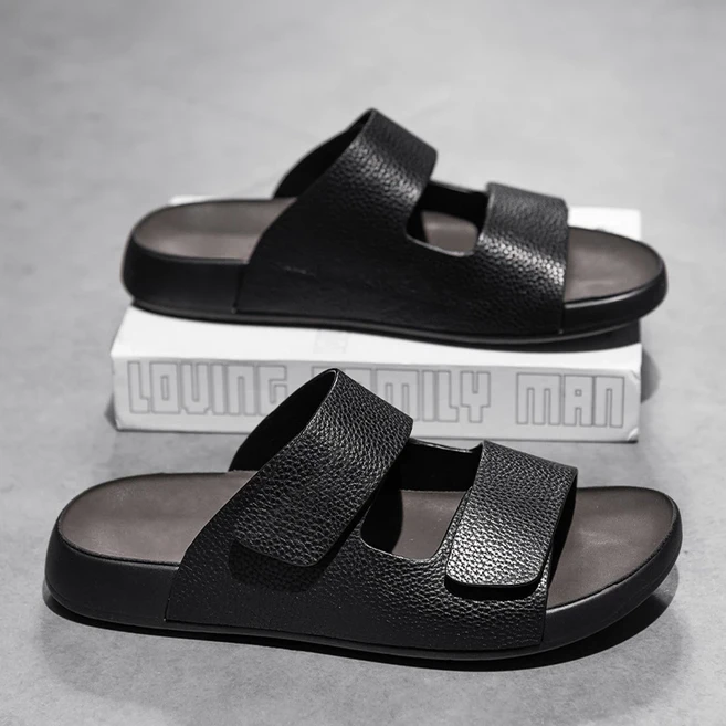 남성용 여름 버클 가죽 샌들 미끄럼 방지 단독 슬리퍼가있는 통기성 편안한 오픈 발가락 신발, 02 42, 02 black
