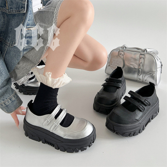 SRSOO 5公分厚底魔術貼瑪麗珍鞋 銀色與黑色