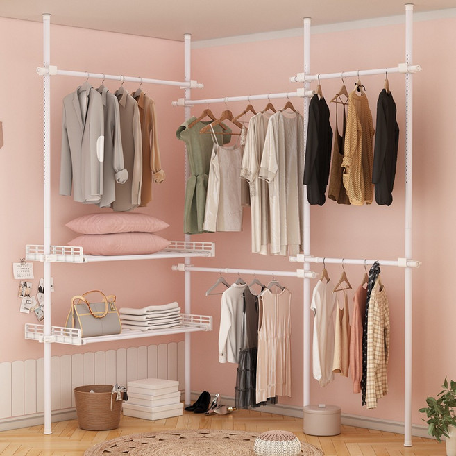 하이주 튼튼한 옷걸이봉+수납선반 세트 스프링식 압축봉 행거 너비조절 가능, 화이트, 5단+선반*2