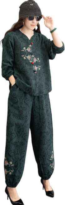 여성 생활한복 린넨 삼색 조각배색 저고리바지 세트