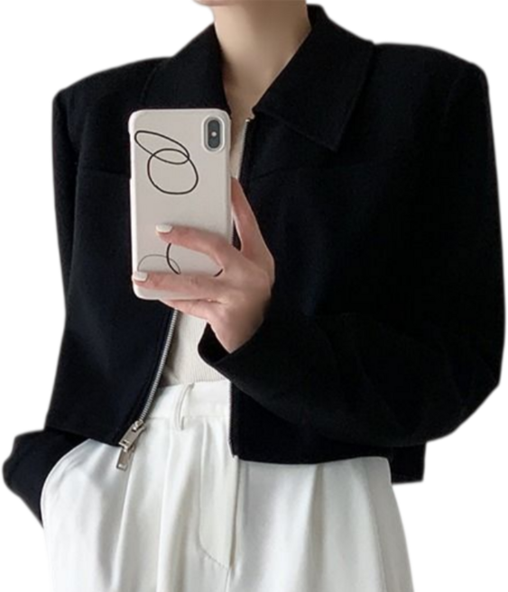 Makone 여성 일반칼라 블랙 숏 코트 데일리 집업 가디건 톱 패션 심플 오피스 정장 자켓