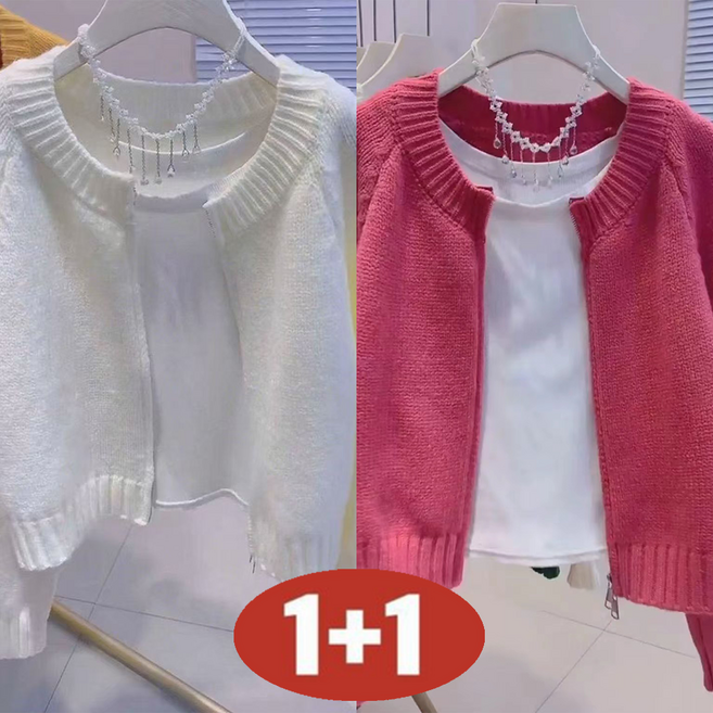 오스틱니 (완전 편한) 1+1 여성 라운드넥 집업 무지 기본 니트 가디건 자켓 가을 겨울 보송 솔리드 루즈핏 긴팔 심플 나른한 지퍼 니트코트 아우터 외출용 캐주얼 패션 쇼트 스웨터