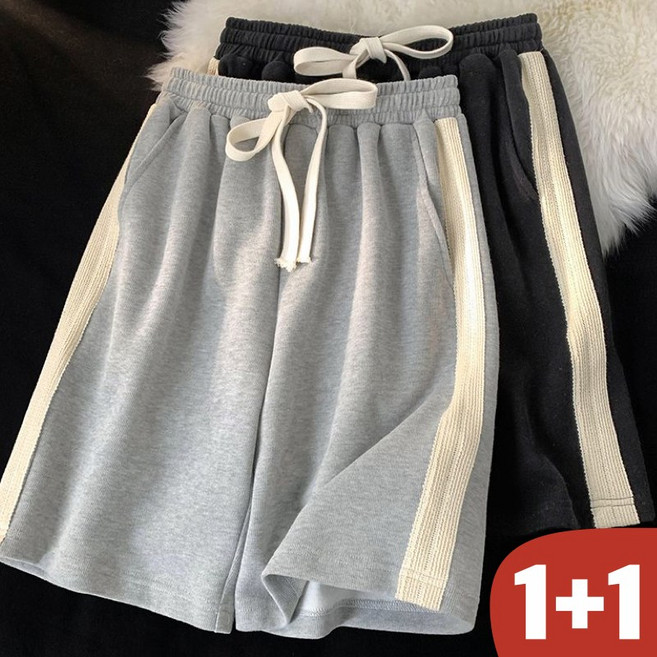 (대박난) 150kg까지 빅사이즈 1+1 여성 트레이닝복 일자 5부 커플 숏팬츠 여름 편한 면 심플 하이웨이스트 와이드 날씬해보이는 스트라이프 허리 밴딩 남녀공용 쿨링 반바지
