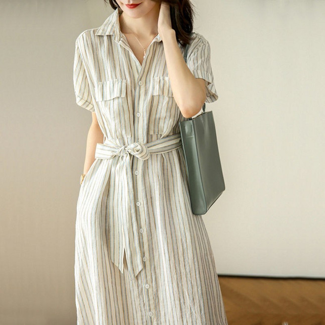 ORZQU 여성 여름 디자인감 루즈핏 롱 원피스 캐주얼 오피스룩 셔츠원피스