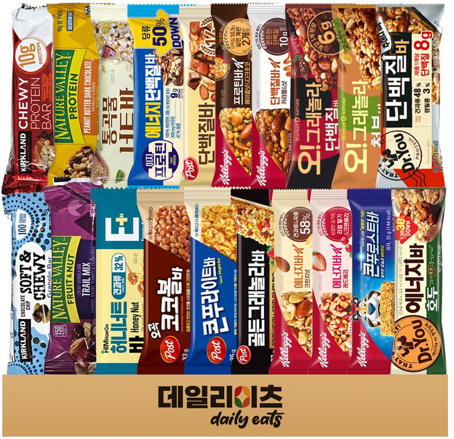 단백질바 & 에너지바 20종류 총 20개 (포스트 켈로그 닥터유 오그래놀라 커클랜드 네이처벨리 롯데 (단백질바 8종류 + 에너지바12종류)), 2세트, 40g