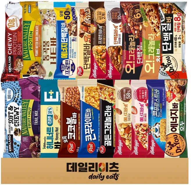 단백질바 & 에너지바 20종류 총 20개 (포스트 켈로그 닥터유 오그래놀라 커클랜드 네이처벨리 롯데 (단백질바 8종류 + 에너지바12종류)), 3세트, 40g - 쿠팡