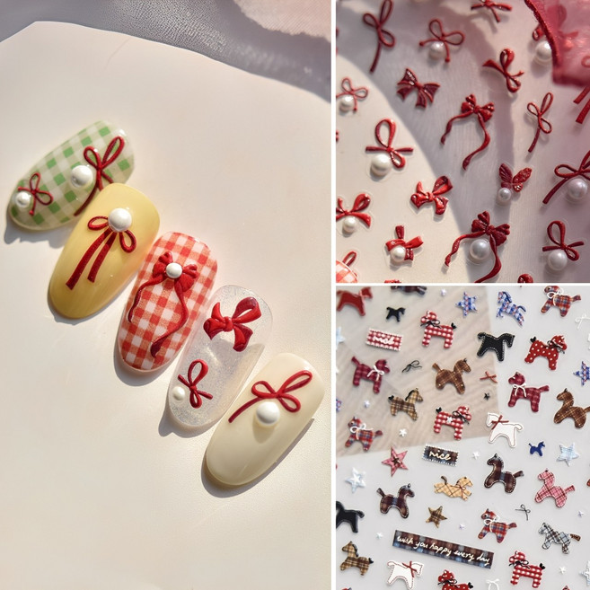 웨젼 네일 입체 엠보 데코 리본 진주 홀스 스티커 2종 세트, 1개, 혼합색상