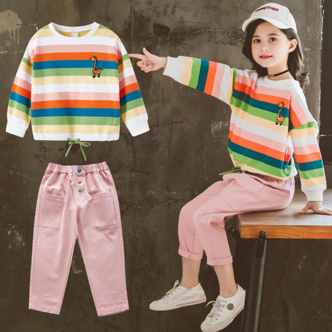 빠빠야네 주니어 여아 레인보우팝 스트라이프 티셔츠 바지세트 봄가을