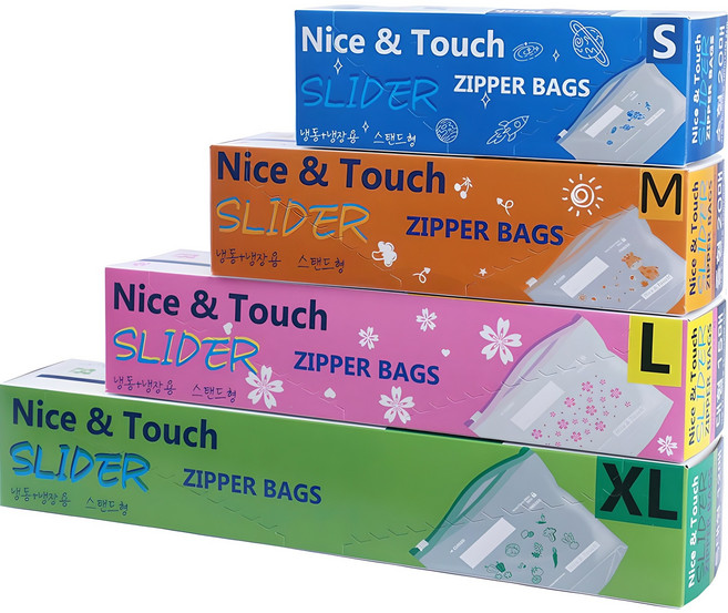 나이스앤터치 이지 슬라이더 지퍼백 소형 20p + 중형 20p + 대형 15p + 특대형 12p 세트, 혼합, 1세트
