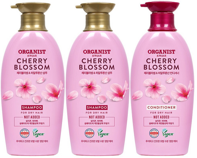 오가니스트 체리블라썸 수분 영양 샴푸 500ml x 2개 + 컨디셔너 500ml x1개, 3개