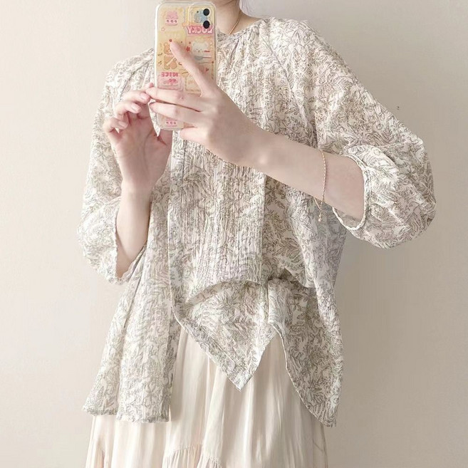 Makone 여성 쿨링 루즈핏 꽃무늬 프린트 셔츠 빈티지 7부 소매 블라우스