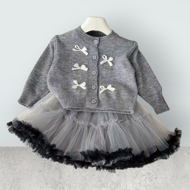 해피팡팡 - 여아 가디건+ 스커트 2종구성 봄 가을투피스 (나나리본가디건+스커트세트) 촬영룩 하객룩 자매룩 등원룩 공주투피스 생일파티 키즈 아동 가디건 치마 명절정장세트