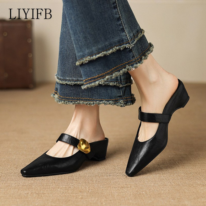 LIYIFB 스트랩 여성 스틸레토 블로퍼 구두 슬리퍼 4.5cm 빅사이즈 슬리퍼 265-210