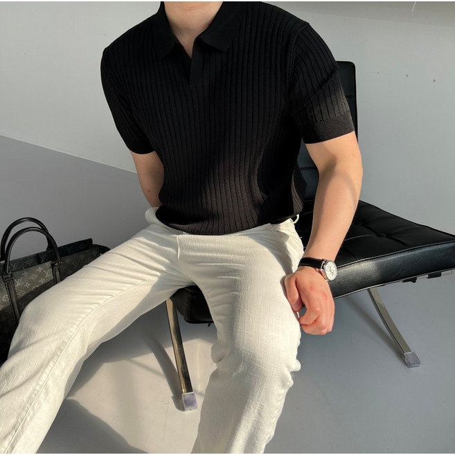 밸류젯 남자 여름 머슬핏 골지 오픈 니트반팔 카라티 5Color