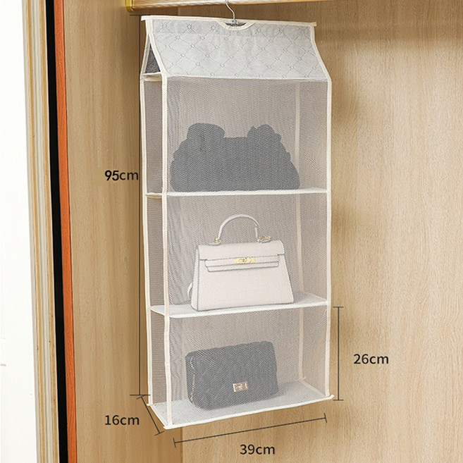도원스타일 옷장 걸이형 가방 메쉬 정리함 수납 정리대 핸드백 보관함 3단, 1개, 베이지