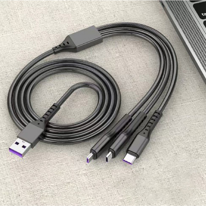 3IN1 고속 충전 케이블 스마트폰 5A 멀티 C타입 마이크로5핀 8핀 QC3.0, 1개, 블랙, 1200mm