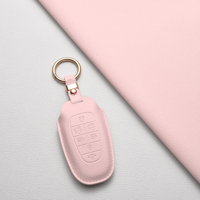 현대 천연 소가죽 스마트 키케이스 호환 (그랜저/싼타페/쏘나타/펠리세이드/넥쏘/투싼) 차량용품 + 선물포장, 현대 J7 타입(7버튼), 피치핑크