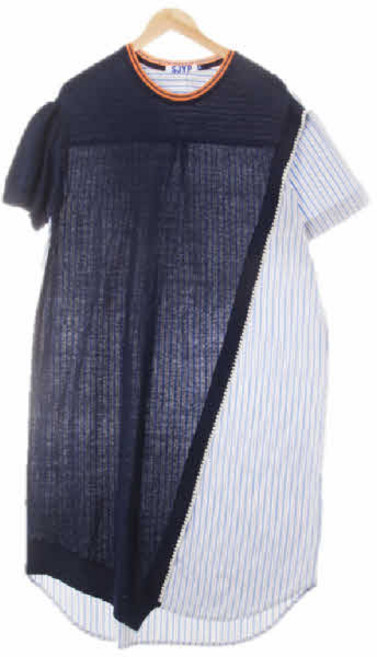 3082 sjyp 네이비파우더블루 스트라이프 면혼방 니트배색콤비패널원피스 [S]