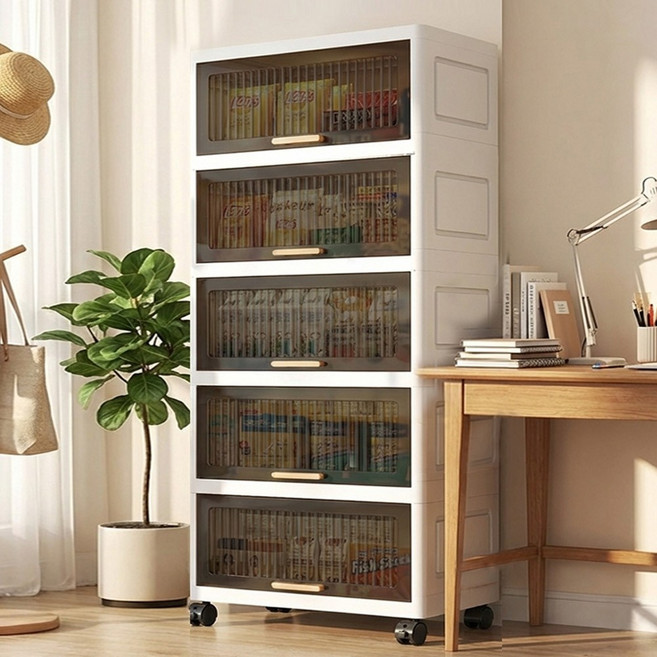可折疊 書櫃 展示櫃 五層儲物櫃 附輪, 透茶款