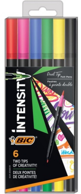 BIC Intensity 2 in 1 듀얼 팁 파인라이너 펜 파인 팁0.7mm 및 유연한 브러시3.7mm 다양한 색상 6개 팩