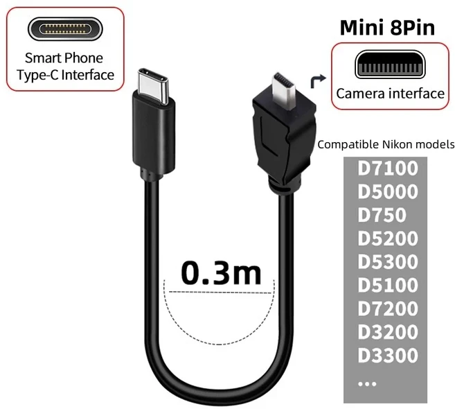 Type-C - 미니 8핀 전송 케이블 USB C UC-E6 일부 Nikon CoolpixDSLR 카메라용 데이터 코드, 01 0.3미터, 01 1PCS
