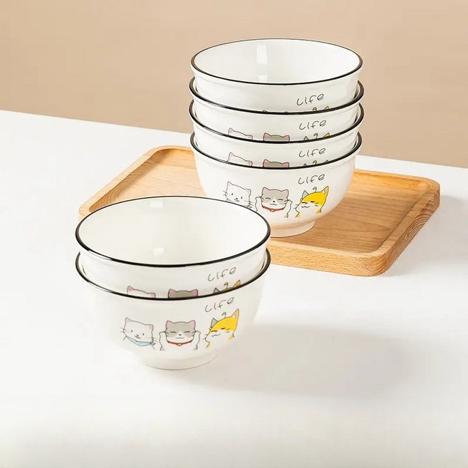 BLOWFISHFUGU 고양이 밥그릇 세 마리 캐릭터 밥그릇 스프볼 샐러드볼 15.5CM, 6개, 화이트