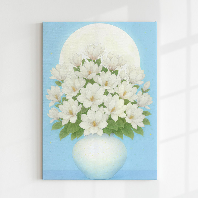 [인메이블] 복들어오는 행운 달항아리 해바라기 꽃 8종 그림 캔버스 액자 풍수 인테리어 집들이 선물 대형 인테리어 풍수 거실 사무실 벽 대형, 04.달항아리-목련B, 캔버스액자, 12호[60.6x45.5cm]